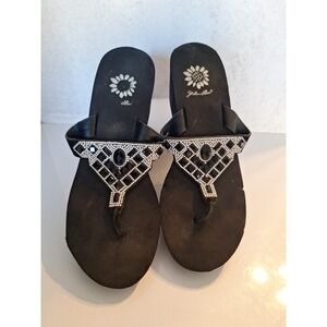 Yellow Box Womens Sandal Black Rhinestone Leather Straps Wedge Heel 8